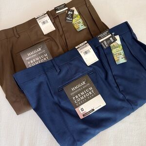 2 Haggar Men's Premium Comfort Dress Pant Wrinkle Free Brown & Blue 52x30 Cuffs